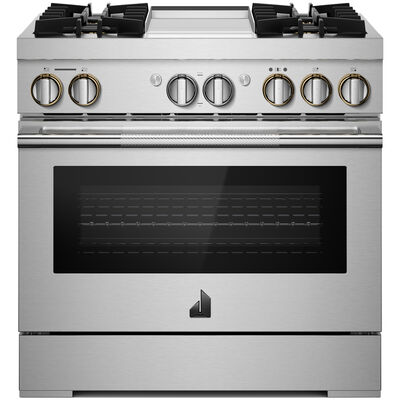JennAir Rise Series 36 in. 5.1 cu. ft. Smart Convection Oven Freestanding Dual Fuel Range with 4 Sealed Burners & Griddle - Stainless Steel | JDSP536HL