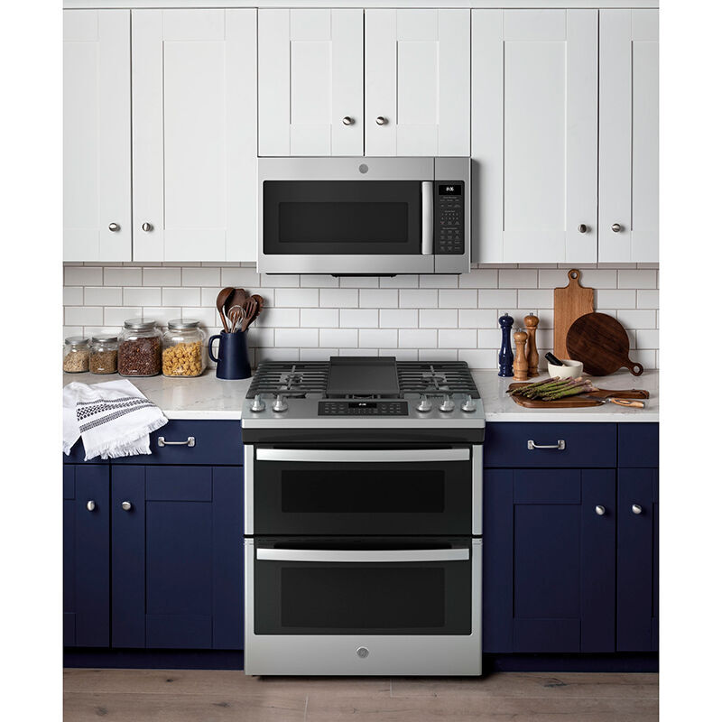 GE 30 in. 6.7 cu. ft. Convection Double Oven Slide-In Gas Range with 5  Sealed Burners & Griddle - Stainless Steel
