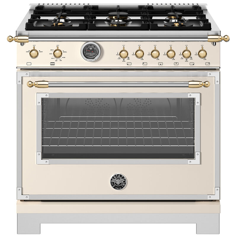 Bertazzoni Heritage Series 36 in. 5.9 cu. ft. Dual Convection Gas Range with 6 Sealed Burners & Griddle - Ivory, , hires