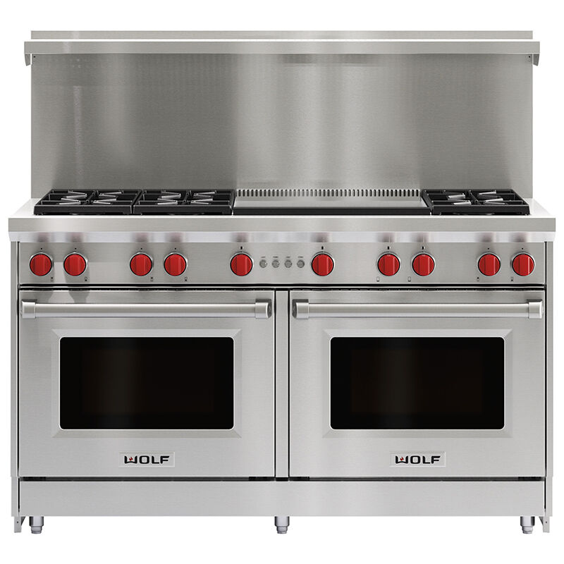 Wolf 60 in. 8.8 cu. ft. Standard Convection Double Oven Gas Range with 6 Sealed Burners & Griddle - Stainless Steel, , hires