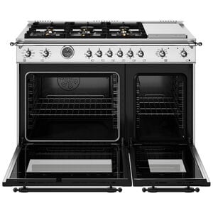 Bertazzoni Heritage Series 48 in. 7.0 cu. ft. Air-Fry Dual Convection Double Oven Dual Fuel Range with 6 Sealed Burners & Griddle - Stainless Steel, , hires