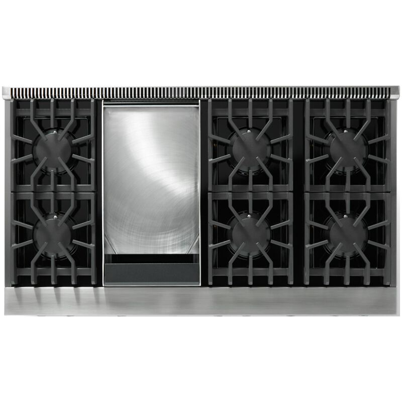 Viking 5 Series 48 in. 7.3 cu. ft. True European Convection Double Oven Dual Fuel Range with 6 Sealed Burners & Griddle - Stainless Steel - Natural Gas, Brushed Brass Trim Option, , hires
