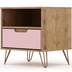 Manhattan Comfort Rockefeller Mid-Century Modern 1-Drawer Nightstand Rose Pink, Pink, hires