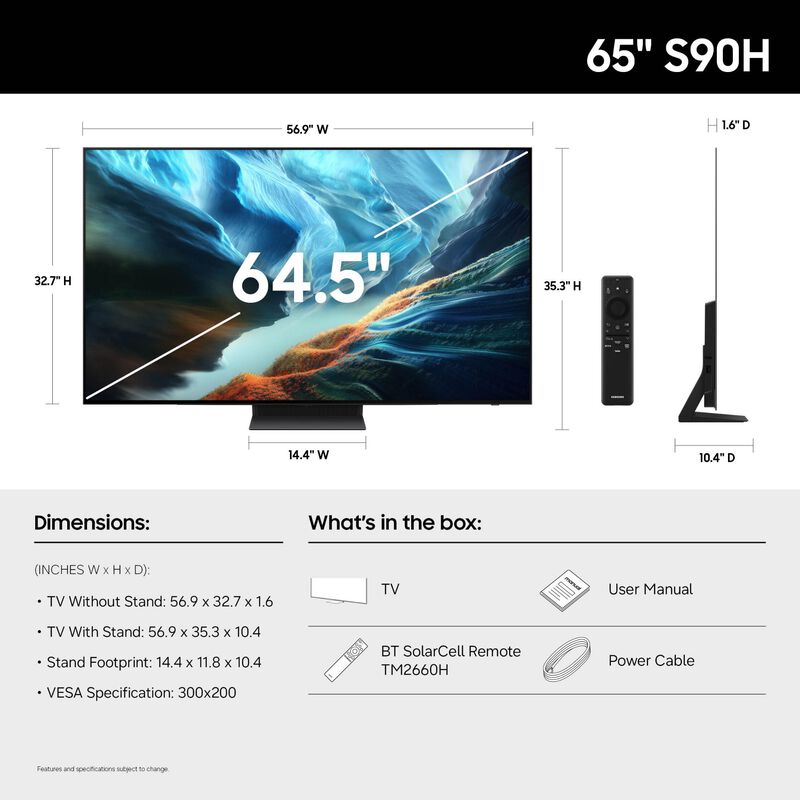 Samsung - 65" Class S90H Series OLED 4K UHD Smart Tizen TV, , hires