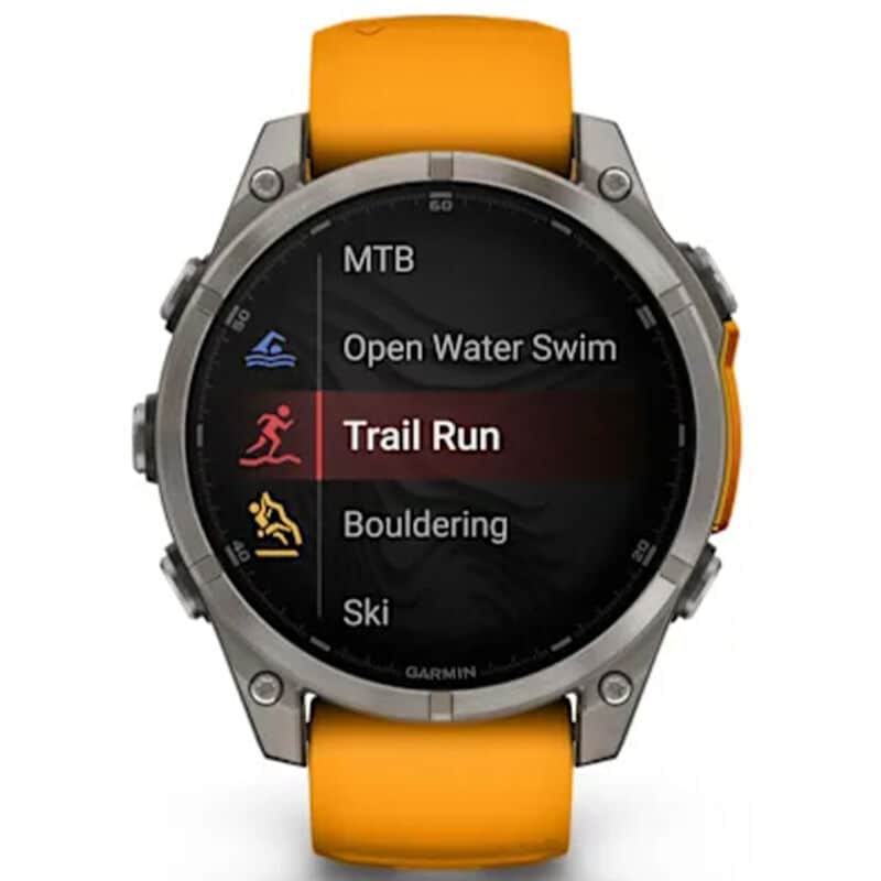 Garmin f nix 8 47 mm, AMOLED Smart Watch - Sapphire, Titanium with Spark Orange/Graphite Silicone Band, , hires