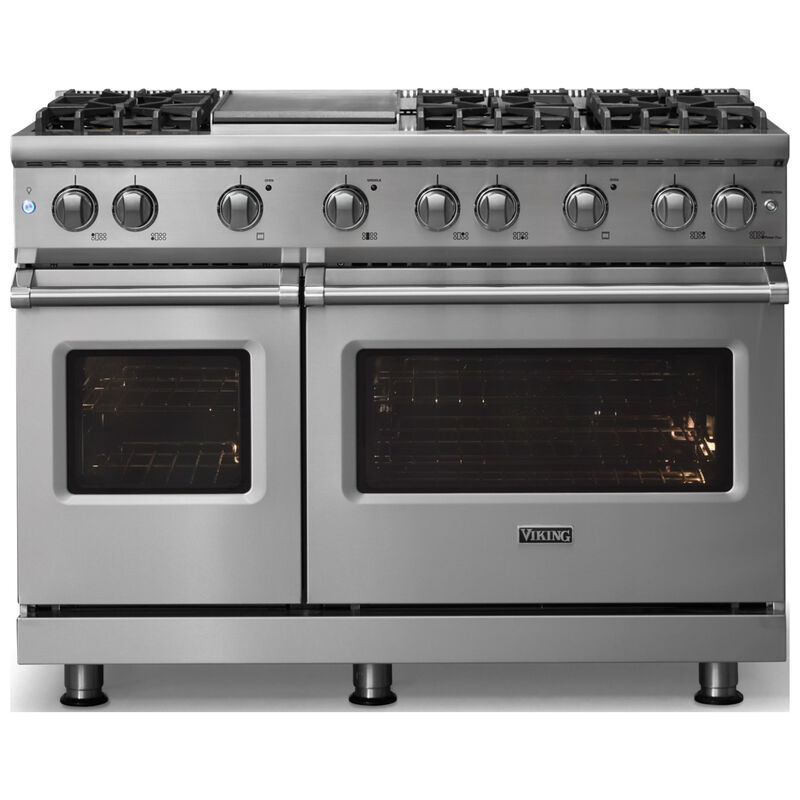 Viking 5 Series 48 in. 6.1 cu. ft. Standard Convection Double Oven Gas Range with 6 Sealed Burners & Griddle - Stainless Steel - Liquid Propane Gas, Polished Chrome Trim Option, , hires