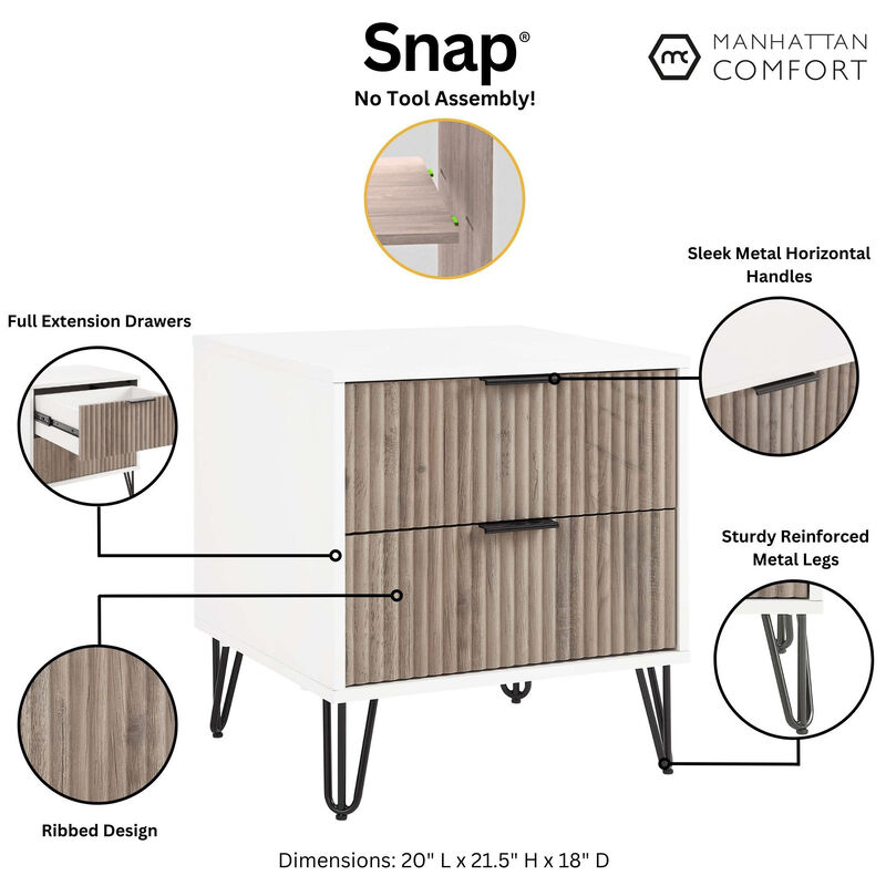 Manhattan Comfort DUMBO 2.0 Modern Nightstand with 2 Drawer & Metal Feet - White and Rustic Grey, White & Gray, hires