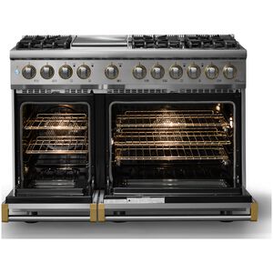 Viking 5 Series 48 in. 7.3 cu. ft. True European Convection Double Oven Dual Fuel Range with 6 Sealed Burners & Griddle - Stainless Steel - Natural Gas, Brushed Brass Trim Option, , hires