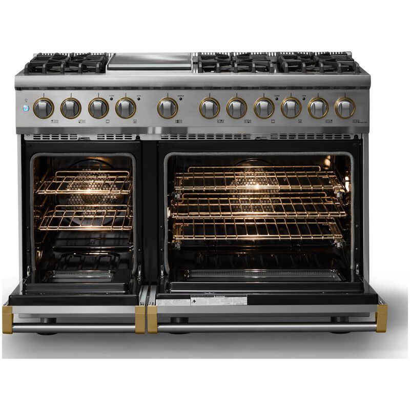 Viking 5 Series 48 in. 7.3 cu. ft. True European Convection Double Oven Dual Fuel Range with 6 Sealed Burners & Griddle - Stainless Steel - Natural Gas, Brushed Brass Trim Option, , hires