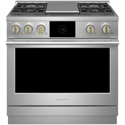 Monogram Statement Series 36 in. 5.8 cu. ft. Smart Air Fry Convection Oven Freestanding Dual Fuel Range with 4 Sealed Burners & Griddle - Stainless Steel | ZDP364NDTSS