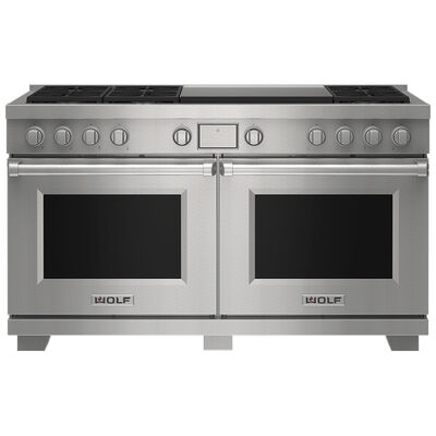 Wolf 60 in. 9.6 cu. ft. Smart Dual Convection Double Oven Dual Fuel Range with 6 Sealed Burners & Griddle - Stainless Steel | DF60650DGSLP