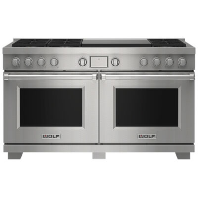 Wolf 60 in. 9.6 cu. ft. Smart Convection Double Oven Freestanding LP Dual Fuel Range with 7 Sealed Burners & Griddle - Stainless Steel | DF60650DGSLP