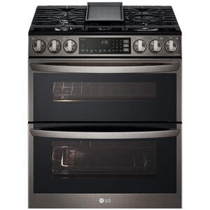 LG InstaView 30 in. 6.9 cu. ft. Smart Air Fry True European Convection Double Oven Slide-In Gas Range with 5 Sealed Burners & Griddle - PrintProof Black Stainless Steel, PrintProof Black Stainless Steel, hires