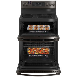 GE Profile 30 in. 6.6 cu. ft. Smart Air Fry True European Convection Double Oven Electric Range with Radiant Burners - Black Stainless, Black Stainless, hires