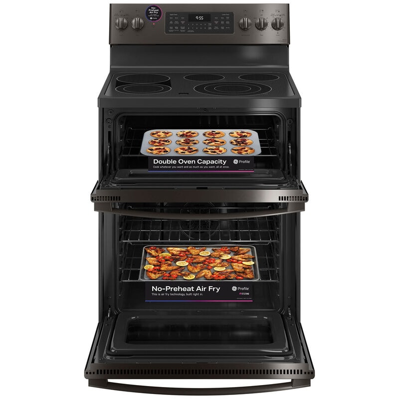GE Profile 30 in. 6.6 cu. ft. Smart Air Fry True European Convection Double Oven Electric Range with Radiant Burners - Black Stainless, Black Stainless, hires