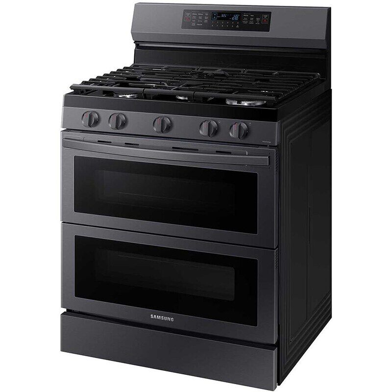 Samsung 30 in. 6 cu. ft. Smart Air Fry True European Convection Double Oven Gas Range with 5 Sealed Burners & Griddle - Black Stainless, Black Stainless, hires