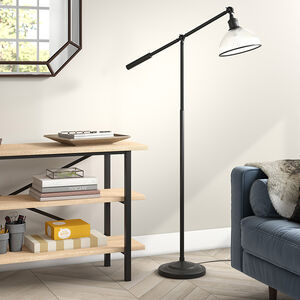 Hudson & Canal Frenkel Blackened Bronze Floor Lamp with Ribbed Glass Shade, , hires