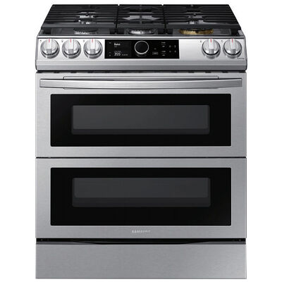 Samsung 30 in. 6.0 cu. ft. Smart Air Fry Convection Double Oven Slide-In Gas Range with 5 Sealed Burners & Griddle - Stainless Steel | NX60T8751SS