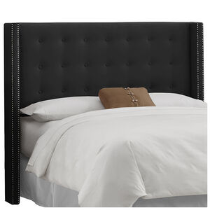 Skyline Queen Nail Button Tufted Wingback Headboard in Velvet - Black, Black, hires