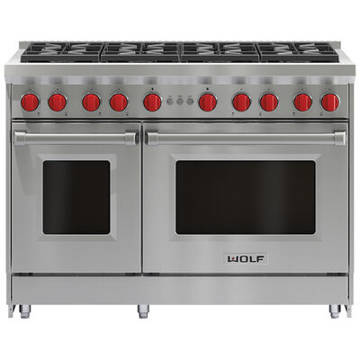 Wolf 48 in. 6.9 cu. ft. Standard Convection Double Oven Gas Range with 8 Sealed Burners - Stainless Steel | GR488