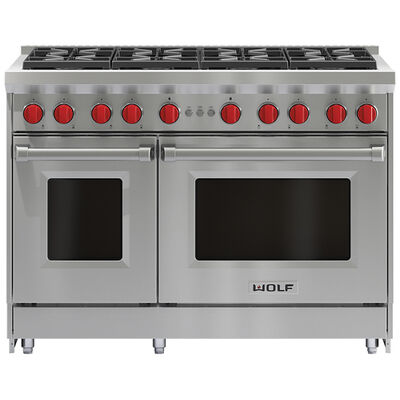 Wolf 48 in. 6.9 cu. ft. Double Oven Freestanding Gas Range with 8 Sealed Burners - Stainless Steel | GR488