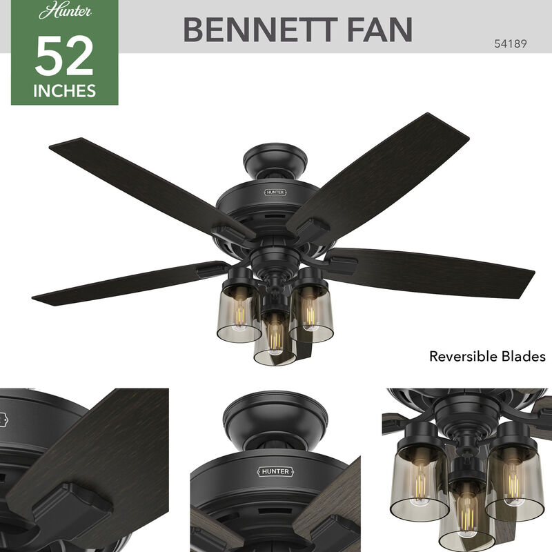 Hunter Bennett 52 in. 3-Light Ceiling Fan with LED Light Kit and Handheld Remote - Matte Black, Matte Black, hires