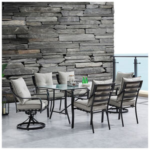 Hanover Lavallette 7-Piece Dining Set with 4 Chairs, 2 Swivel Rockers, and a 66" x 38" Glass Table, , hires