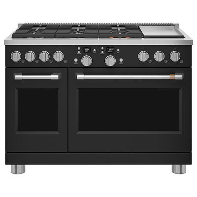Cafe 48 in. 8.3 cu. ft. Smart Air Fry Convection Double Oven Freestanding Dual Fuel Range with 6 Sealed Burners & Griddle - Matte Black | C2Y486P3TD1