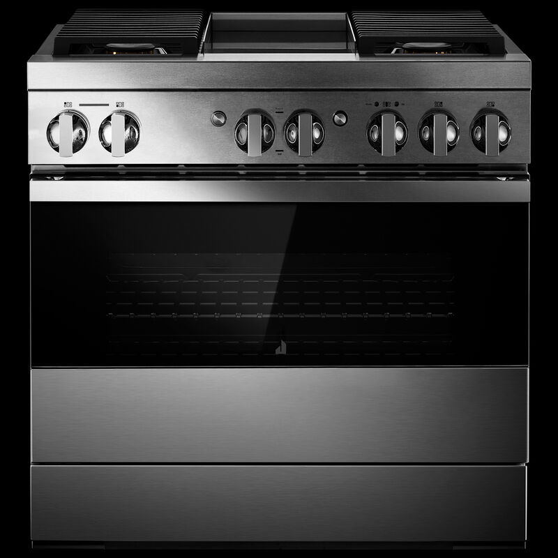 JennAir Noir Series 36 in. 5.1 cu. ft. Smart True European Convection Dual Fuel Range with 4 Sealed Burners & Griddle - Stainless Steel, , hires