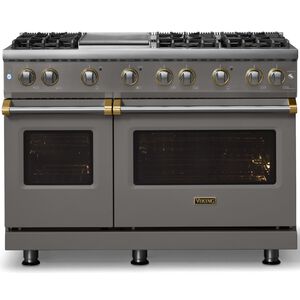 Viking 5 Series 48 in. 6.1 cu. ft. Standard Convection Double Oven Gas Range with 6 Sealed Burners & Griddle - Damascus Gray - Natural Gas, Brushed Brass Trim Option, , hires