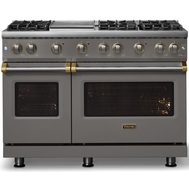 Viking 5 Series 48 in. 6.1 cu. ft. Standard Convection Double Oven Gas Range with 6 Sealed Burners & Griddle - Damascus Gray - Natural Gas, Brushed Brass Trim Option, , hires