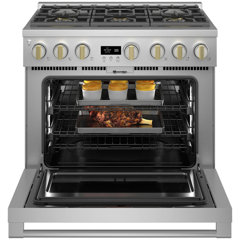 Monogram 36 in. 5.8 cu. ft. Smart Air Fry Convection Oven Freestanding Dual Fuel Range with 6 Sealed Burners - Stainless Steel, , hires