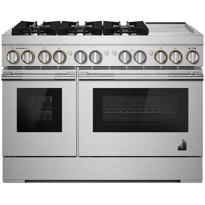JennAir Rise Series 48 in. 6.3 cu. ft. Smart Convection Double Oven Freestanding Dual Fuel Range with 6 Sealed Burners & Griddle - Stainless Steel | JDSP548HL