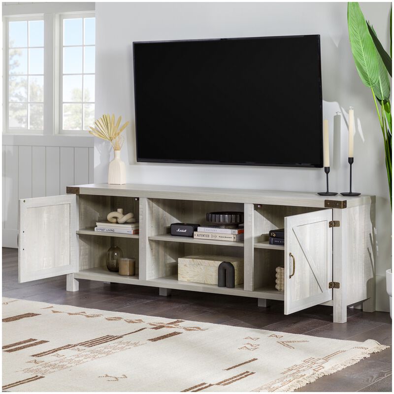 Walker Edison Barn Door 70 in. Modern Farmhouse TV Stand - Stone Gray, , hires