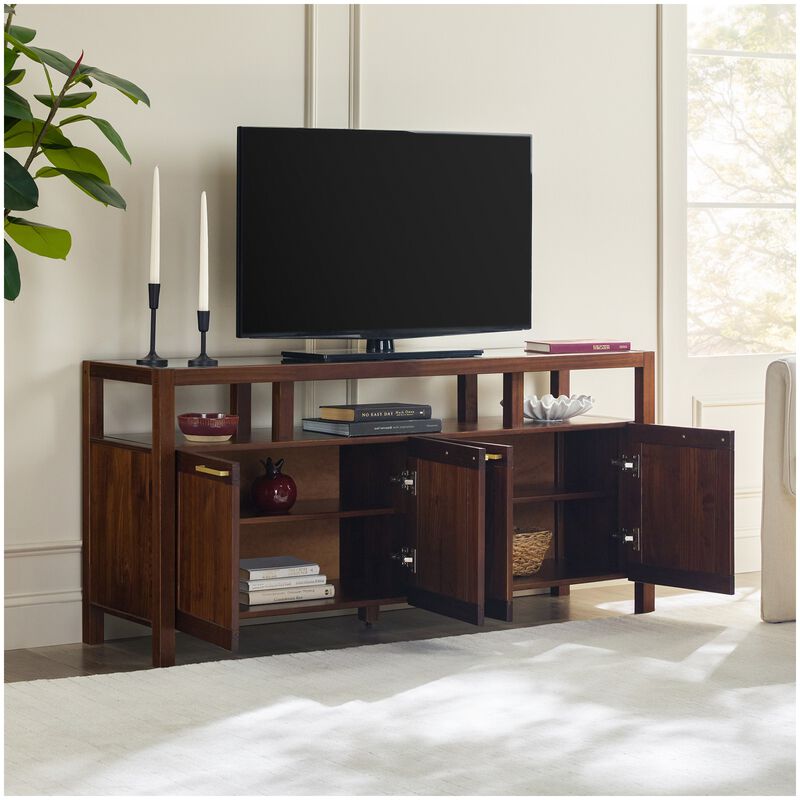Walker Edison Isla Modern TV Stand with Glass Top - Walnut, , hires