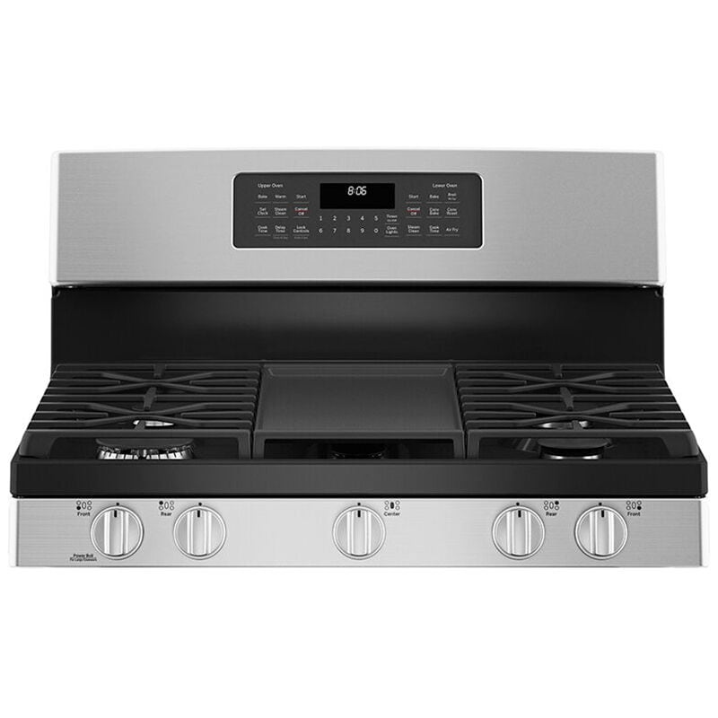 GE 30 in. 6.8 cu. ft. Air Fry True European Convection Double Oven Gas Range with 5 Sealed Burners & Griddle - Stainless Steel, Stainless Steel, hires