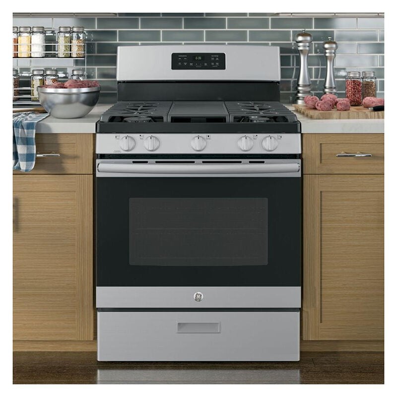 GE 30 in. 5 cu. ft. Gas Range with 5 Sealed Burners & Griddle - Stainless Steel, Stainless Steel, hires