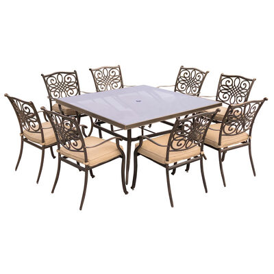 Hanover Traditions 9-Piece 60" Square Glass Top Dining Set - Tan | TRADDN9PCSQG