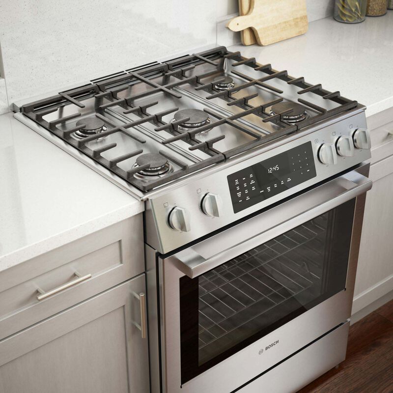 Bosch Benchmark 30 in. 4.6 cu. ft. Convection Oven Slide-In Dual Fuel Range with 5 Sealed Burners - Stainless Steel, , hires