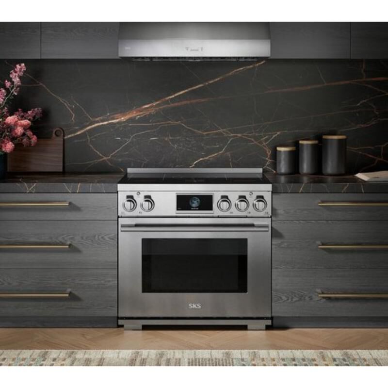 SKS 36 in. 6.3 cu. ft. Smart Air-Fry Standard Convection Steam Electric Range with 5 Induction Burners - Stainless Steel, , hires