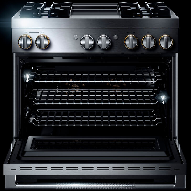 JennAir Rise Series 36 in. 5.1 cu. ft. Smart True European Convection Steam Dual Fuel Range with 4 Sealed Burners & Griddle - Stainless Steel, , hires