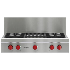 Wolf 36 in. 4-Burner Natural Gas Rangetop with Grill & Power Burner - Stainless Steel, , hires