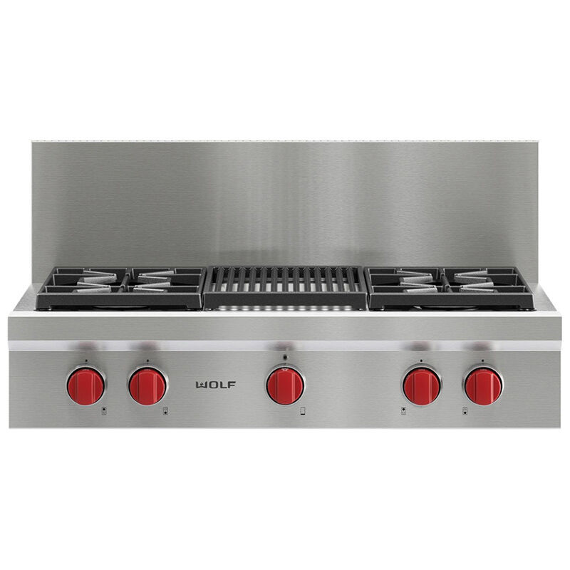 Wolf 36 in. 4-Burner Natural Gas Rangetop with Grill & Power Burner - Stainless Steel, , hires