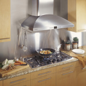 Monogram 36 in. Chimney Style Range Hood with 4 Speed Settings, 690 CFM, Ducted Venting & 4 Halogen Lights - Stainless Steel, , hires