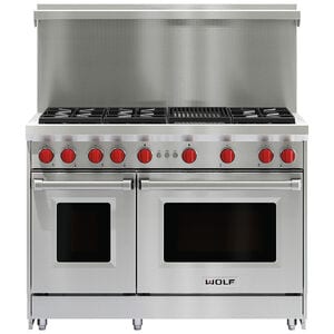 Wolf 48 in. 6.9 cu. ft. Standard Convection Double Oven Gas Range with 6 Sealed Burners & Grill - Stainless Steel, , hires