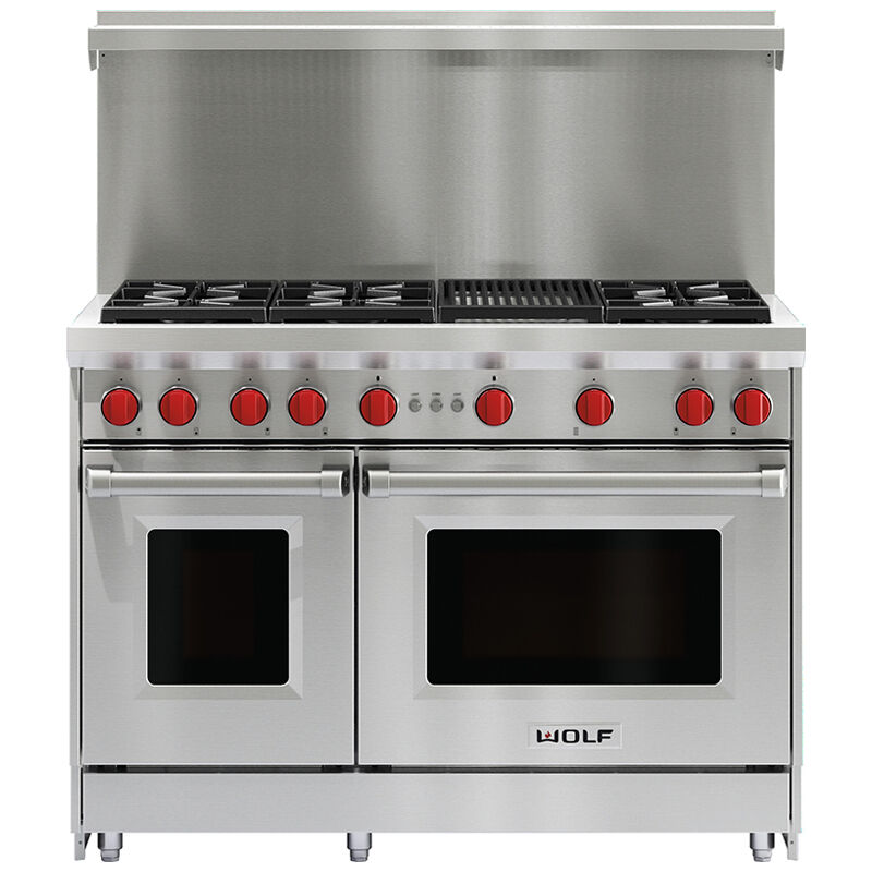 Wolf 48 in. 6.9 cu. ft. Standard Convection Double Oven Gas Range with 6 Sealed Burners & Grill - Stainless Steel, , hires