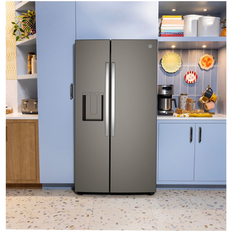 GE 36 in. 23.6 cu. ft. Counter Depth Side-by-Side Refrigerator with Ice & Water Dispenser - Slate, Slate, hires