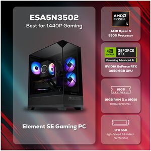 iBUYPOWER Element SE Gaming Desktop with AMD Ryzen 5 5500, 3.6 GHz, 6-Core CPU, NVIDIA GeForce RTX 3050, 6GB VRAM GPU, 16 GB RAM, 1 TB SSD & Windows 11 Home - Black, , hires