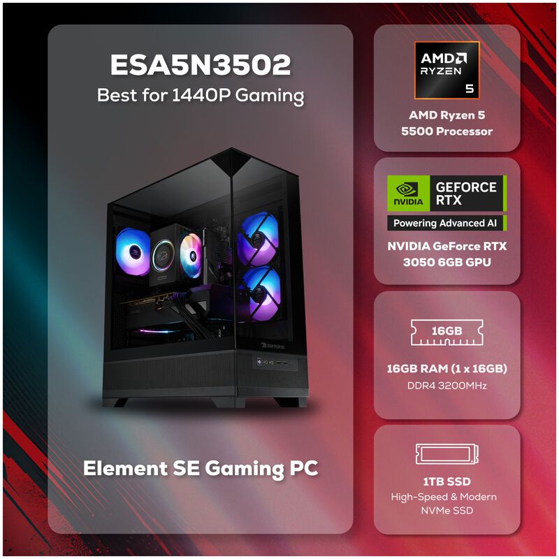 iBUYPOWER Element SE Gaming Desktop with AMD Ryzen 5 5500, 3.6 GHz, 6-Core CPU, NVIDIA GeForce RTX 3050, 6GB VRAM GPU, 16 GB RAM, 1 TB SSD & Windows 11 Home - Black, , hires