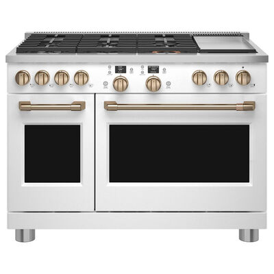 Cafe Commercial-Style 48 in. 8.3 cu. ft. Smart Air Fry Convection Double Oven Freestanding Dual Fuel Range with 6 Sealed Burners & Griddle - Matte White | C2Y486P4TW2